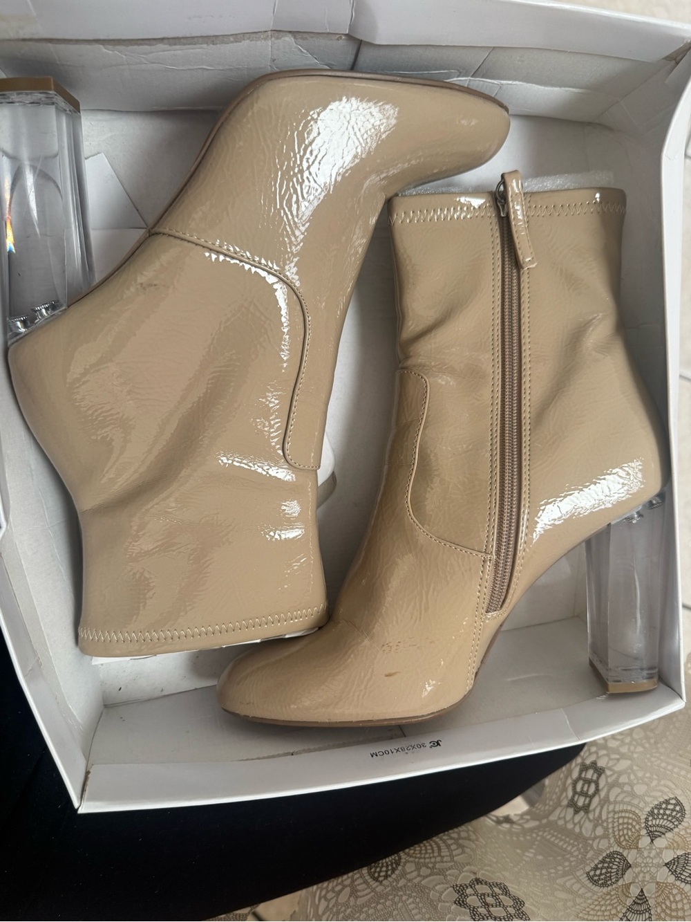 Steve Madden Nude Patent Ankle Boots with Clear Block Heel